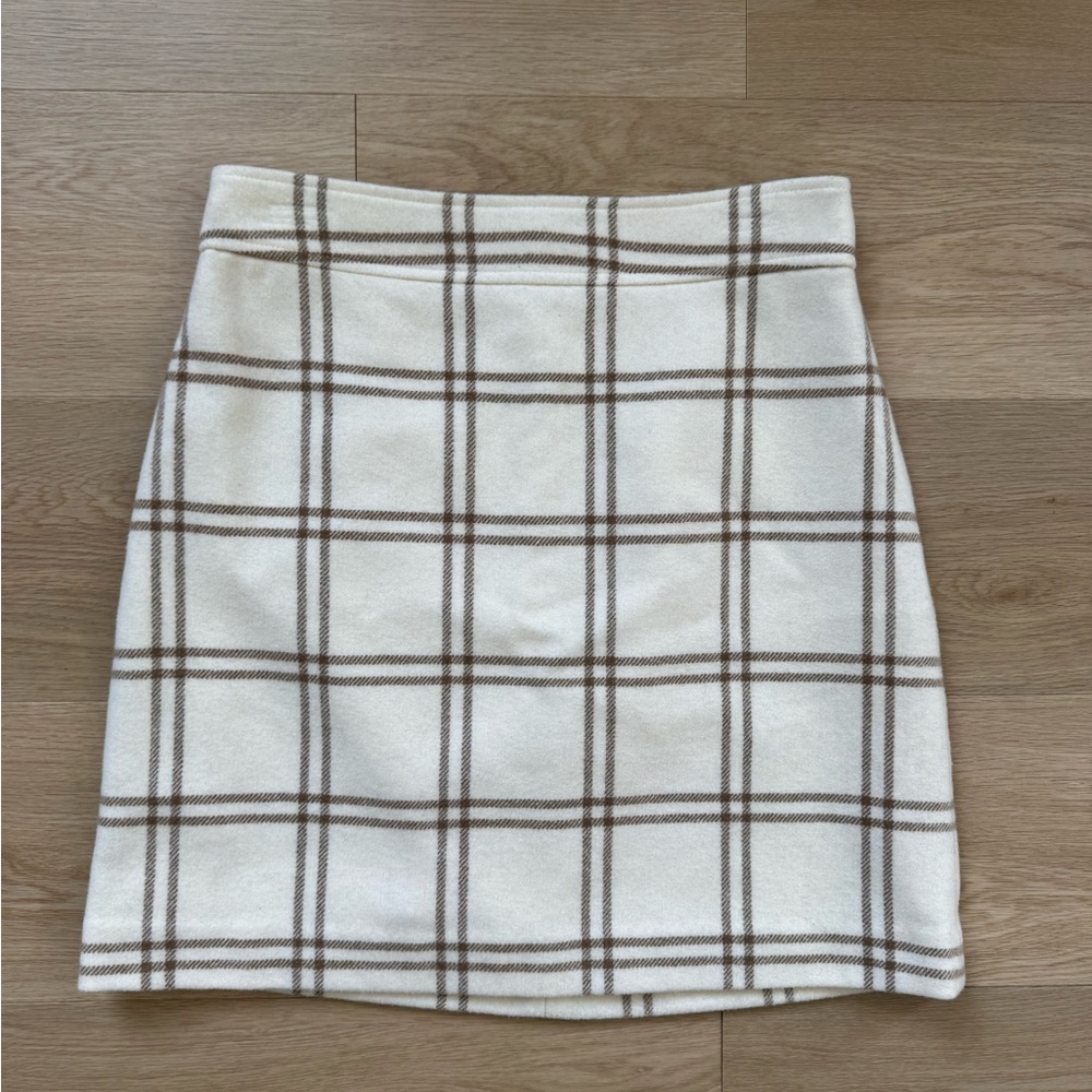 J. Crew Cream Mini Skirt with Brown Windowpane Plaid